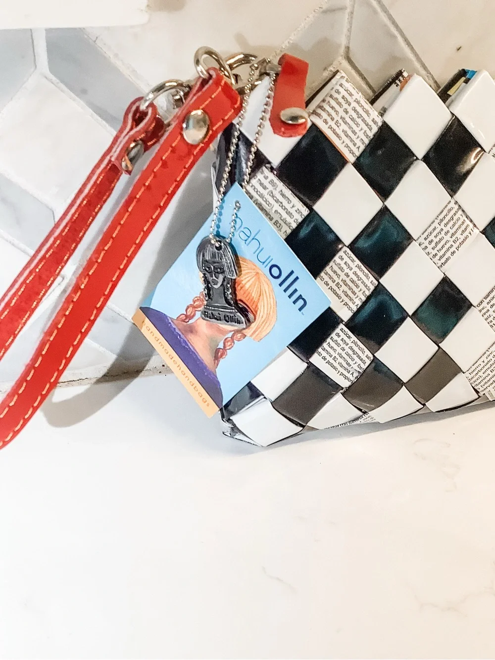 NWT Nahui Ollin Woven Black & White Clutch with Red Wrist Strap